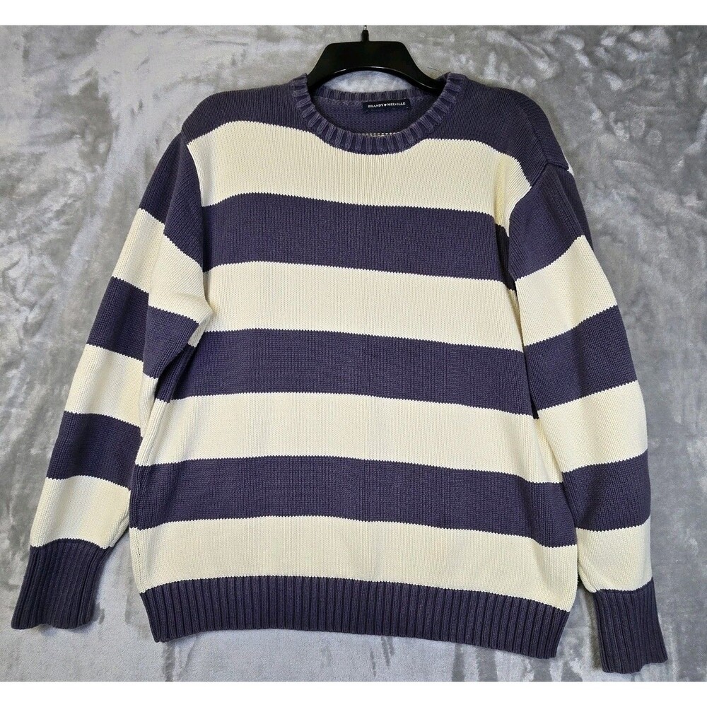 Brandy Melville Sweater Womens Cream Blue Gray Striped Cotton Knit Oversized XL